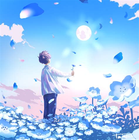 Download Wallpaper 3244x3260 Guy Flowers Field Anime Art Blue Hd