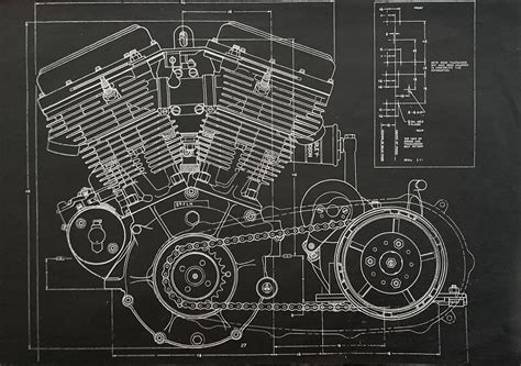 2 Harley Davidson Panhead Motor Blueprints Right And Left Side Views 24”x