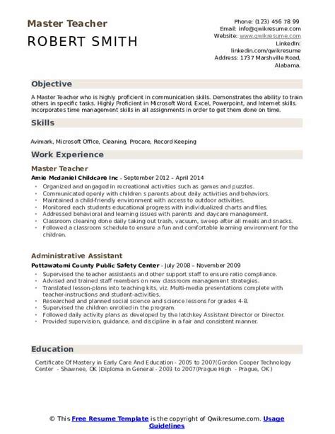As a teacher, it's essential that you adequately convey you have the skills and dedication necessary to teach today's youth. Master Teacher Resume Samples | QwikResume
