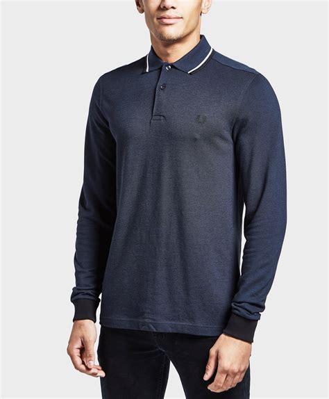 fred perry cotton long sleeve twin tip polo shirt in blue for men lyst