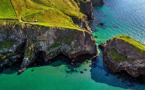 Cliff Bridge Grass Island Ireland Sea Coast Green Water Aerial