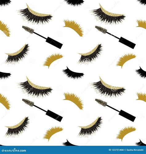 Lashes And Mascara Seamless Vector Pattern With Glitter Effect Stock