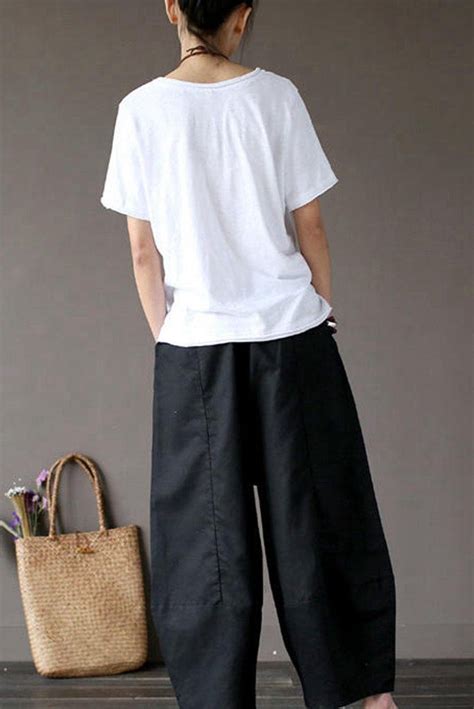 Black Loose Cotton Linen Casual Ankle Length Pants Women Clothes P1203 