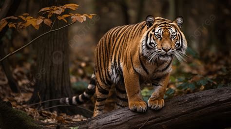 Tiger Walking In A Forest With Leaves And Trees Background Chestnut