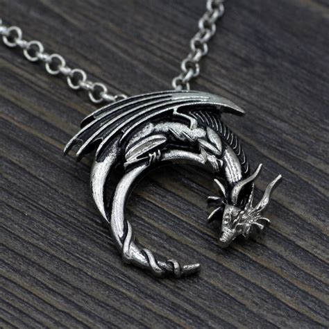 Dragon Necklace Preorder Winged Dragon On Moon Pendant Medieval