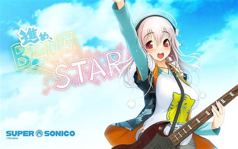 Blue Star Guitar Sky Anime Red Eyes Super Sonico Smile Sonico