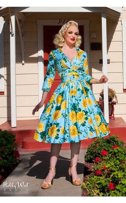Pinup Couture 34 Sleeve Birdie Dress In Baby Blue And Yellow Floral