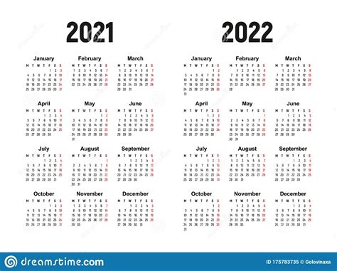 Calendar 2021 And 2022 Week Starts On Monday Basic Business Template