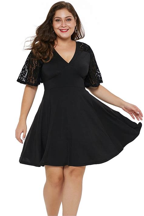 hualong elegant lace short sleeve plus size black skater dress online store for women sexy dresses