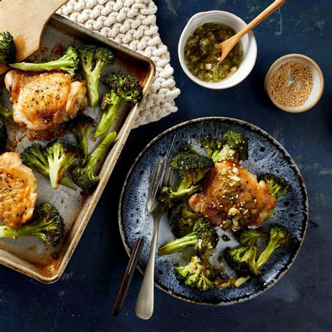 When it's done, brush chicken and broccoli with the reserved glaze. Sheet-Pan Sesame Chicken & Broccoli with Scallion-Ginger ...