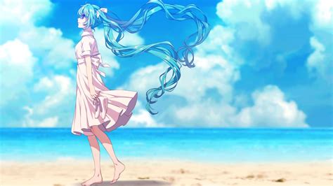 Aqua Eyes Aqua Hair Barefoot Beach Clouds Dress Hatsune Miku Long Hair