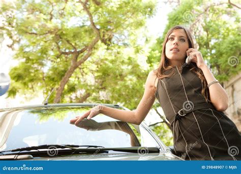 Businesswoman Leaning On Car With Smartphone Stock Image Image Of