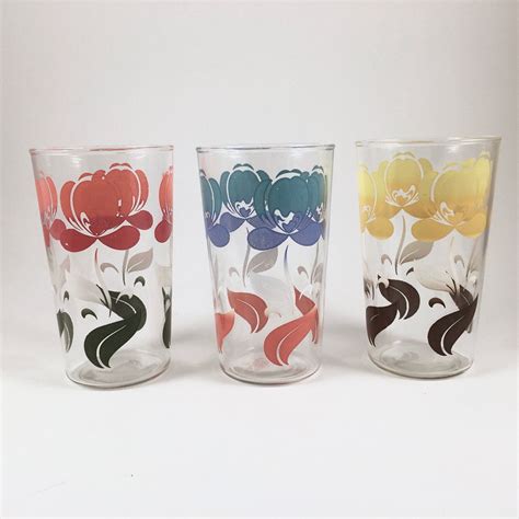 Drinking Glasses Vintage Mid Century Glassware Tulip Floral Etsy