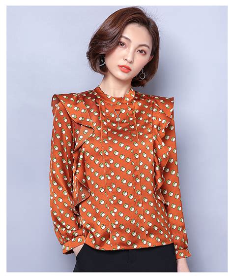 fm fashion 2019 korean elegant dot chiffon blouses women round neck ruffles long sleeve ladies