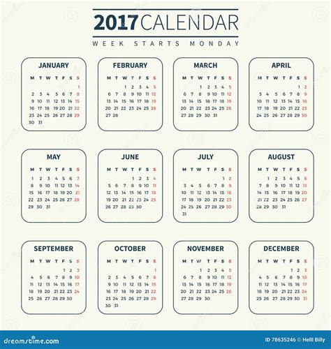 Calendar Template For 2017 Stock Vector Illustration Of June 78635246