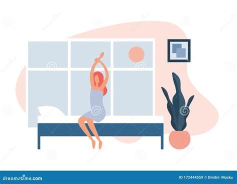 Woman Waking Up In Morning Flat Vector Illustration Stock Vector