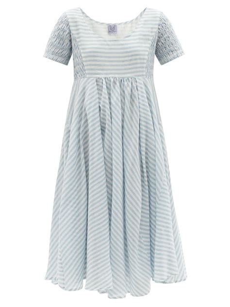 Thierry Colson Romy Smocked Striped Cotton Voile Dress Blue White