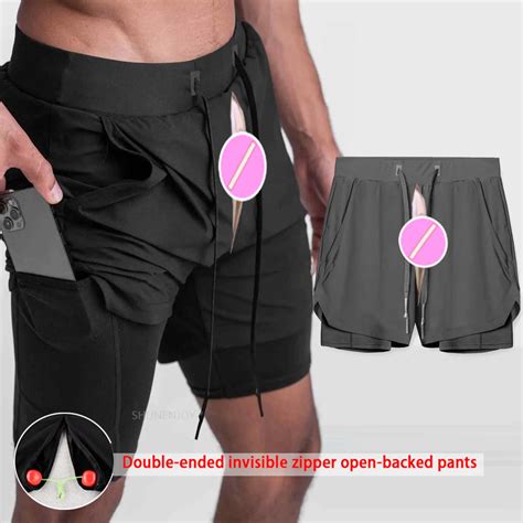 Fitness Shorts Men S Double Layer Sports Running Invisible Open Seat Sex Pants Quick Dry Pants