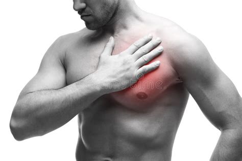Mann Hält Für Inneres Junger Muskulöser Mann Mit Schmerz In Der Brust Lokalisiert Auf Weißem