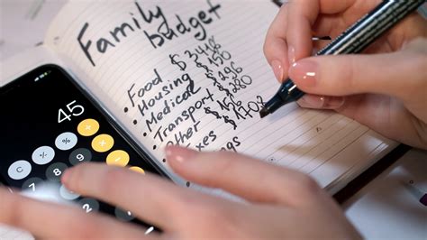 Woman calculate family budget on calculator and writing in notebook. Family budget calculation ...