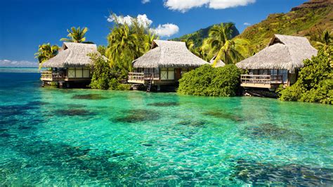 1920x1080 bungalow greens island palm trees light blue ocean coolwallpapers me