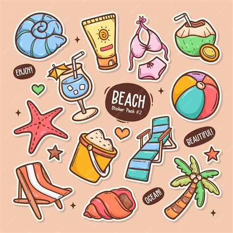Premium Vector Beach Cute Doodle Vector Sticker Collection