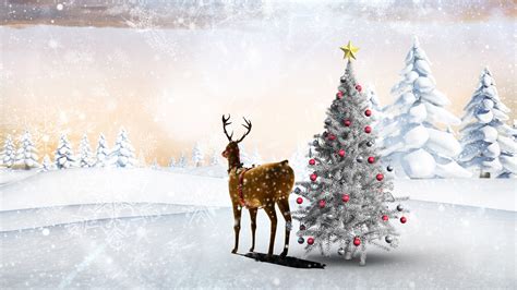 Wallpaper Snow Winter Deer Christmas Tree Balls