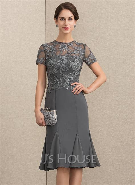 Sheath Column Scoop Neck Knee Length Chiffon Lace Mother Of The Bride Dress With Beading Sequins