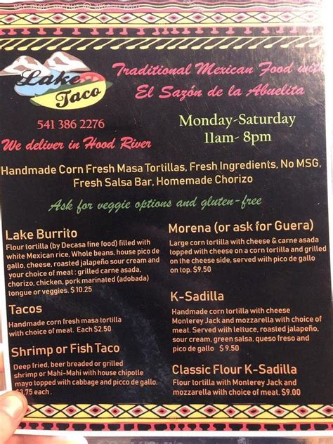 Hours may change under current circumstances Online Menu of Lake Taco Restaurant, Hood River, Oregon ...