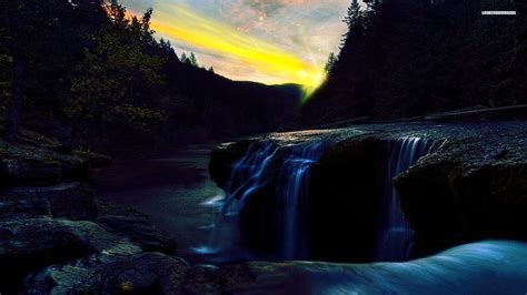 Waterfall In The Sunset Waterfall Sunset Evening Dark Hd Wallpaper Peakpx