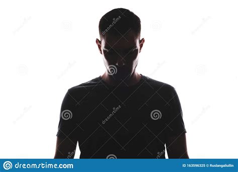 Silhouette Of Full Face Portrait Of Man Looking Down Isolated On White
