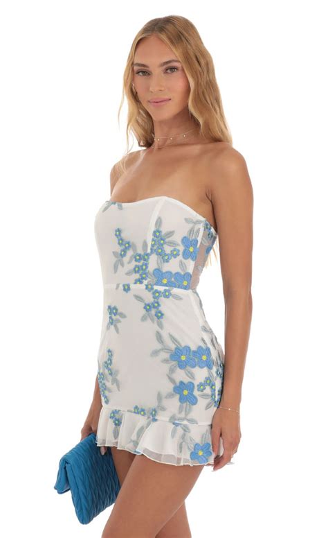 Vinka Mesh Embroidered Corset Strapless Dress In White Lucy In The Sky