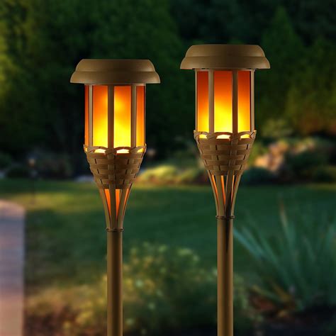 Auraglow Solar Bamboo Led Tiki Torch Garden Lights Twin Pack