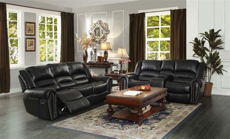 9668blk 3 Black Bonded Leather Double Reclining Sofa Loveseat Nailhead Sofas Loveseats And Chaises