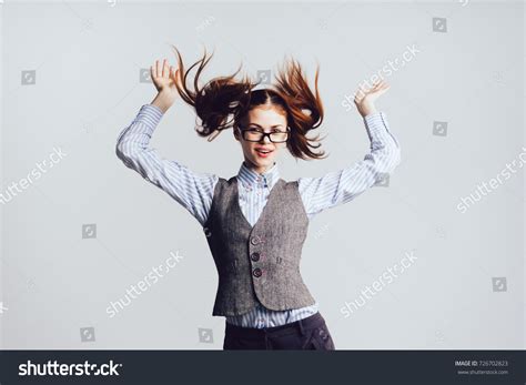 Funny Girl Two Ponytails Glasses Jumps Stock Photo Shutterstock