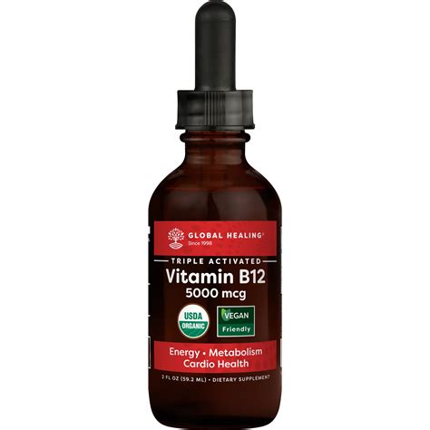 Global Healing Usda Organic Vitamin B12 5000mcg Liquid Supplement 2 Fl Oz