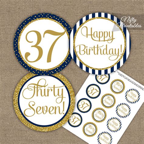 37th Birthday Cupcake Toppers Navy Blue Gold Nifty Printables