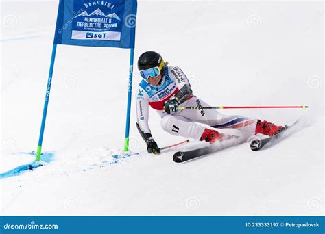 Mountain Skier Skiing Down Mount Slope Russian Alpine Skiing Cup