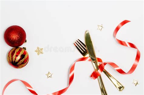 Decoration Christmas Concept Forks And Knife Set Decorating With Red