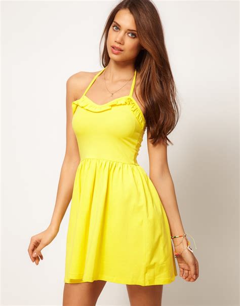Lyst Asos Summer Dress With Frill Sweetheart Neck In Yellow