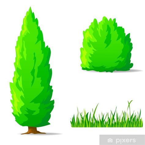 Fotomural Conjunto de plantas verdes de dibujos animados. vertical de árbol, arbusto, hierba ...