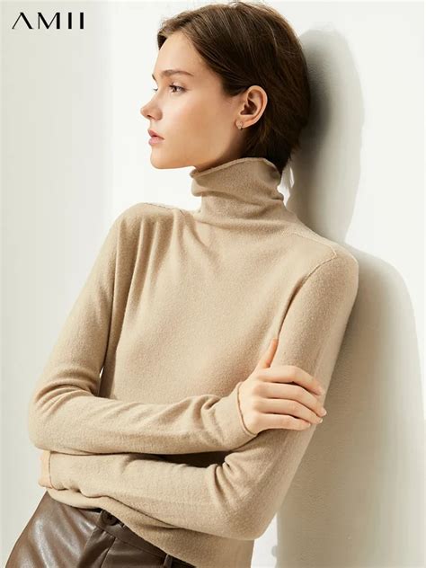 Amii Minimalism Autumn Sweater For Women Elegant Turtleneck Pullovers Office Lady 100 Wool