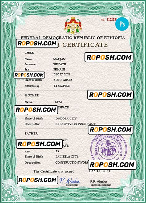 Ethiopia Birth Certificate Psd Template Completely Editable Roposh