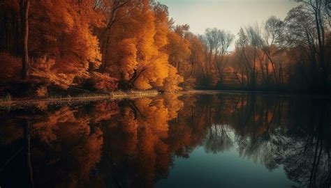 Tranquil Autumn Forest Reflects Vibrant Colors In The Tranquil Lake