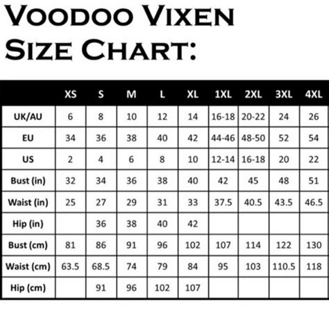 Voodoo Vixen Vixen Clothing Voodoo Vixen Clothing Size Chart Charts