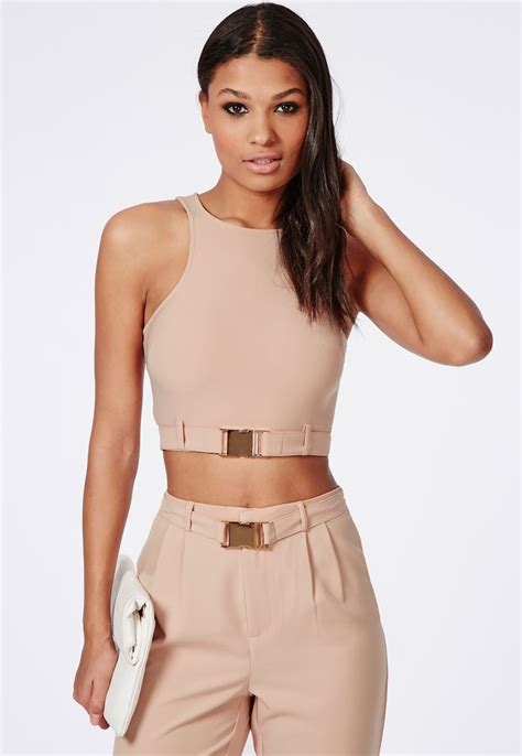 Missguided Sleeveless Buckle Detail Crop Top Nude 40 Missguided