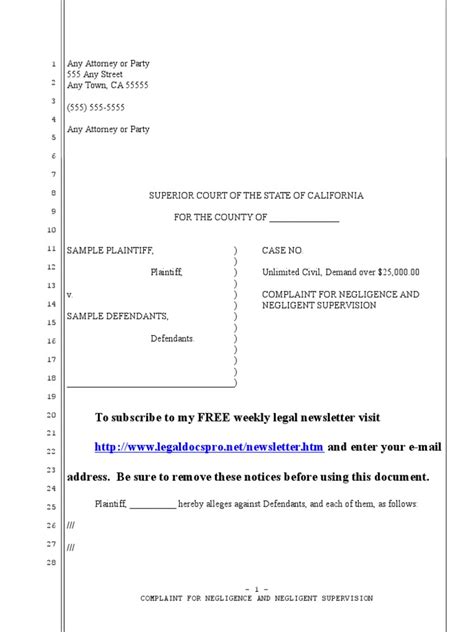 Sample California Complaint For Negligent Supervision Pdf Lawsuit