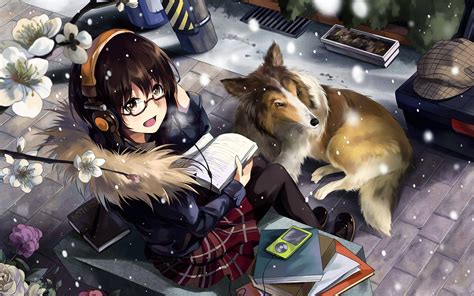 Download Anime Dog And Girl Winter Scene Wallpaper