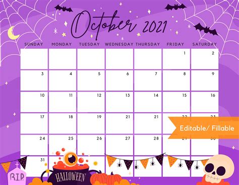 October 2021 Calendar Cute And Spooky Halloween Night Party Etsy