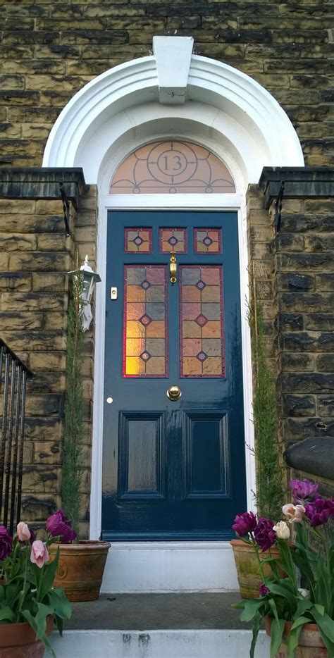 Stained Glass Victorian Front Door In Farrow And Ball Hague Blue Painted